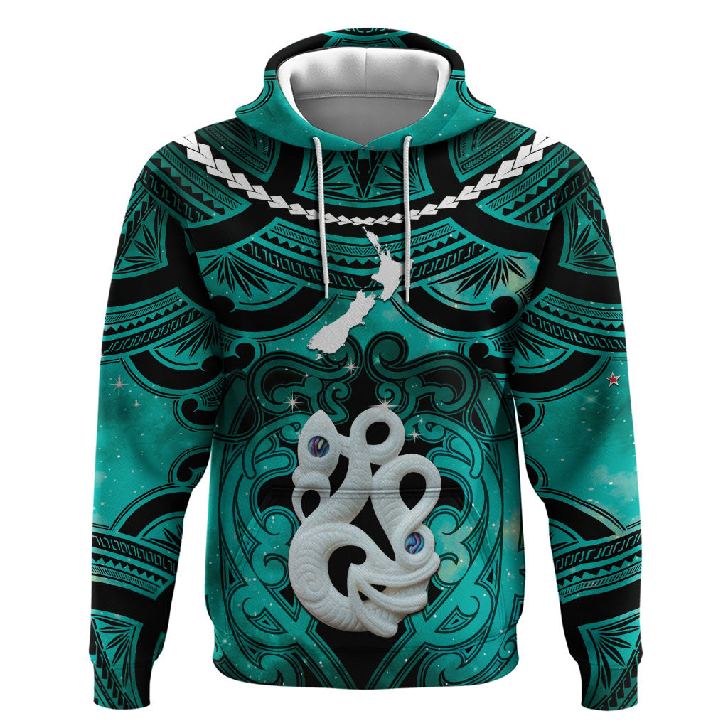 Personalised Maori Matariki Manaia Turquoise Hoodie Maori Kowhaiwhai Pattern Galaxy LT01 Pullover Hoodie Turquoise - Polynesian Pride