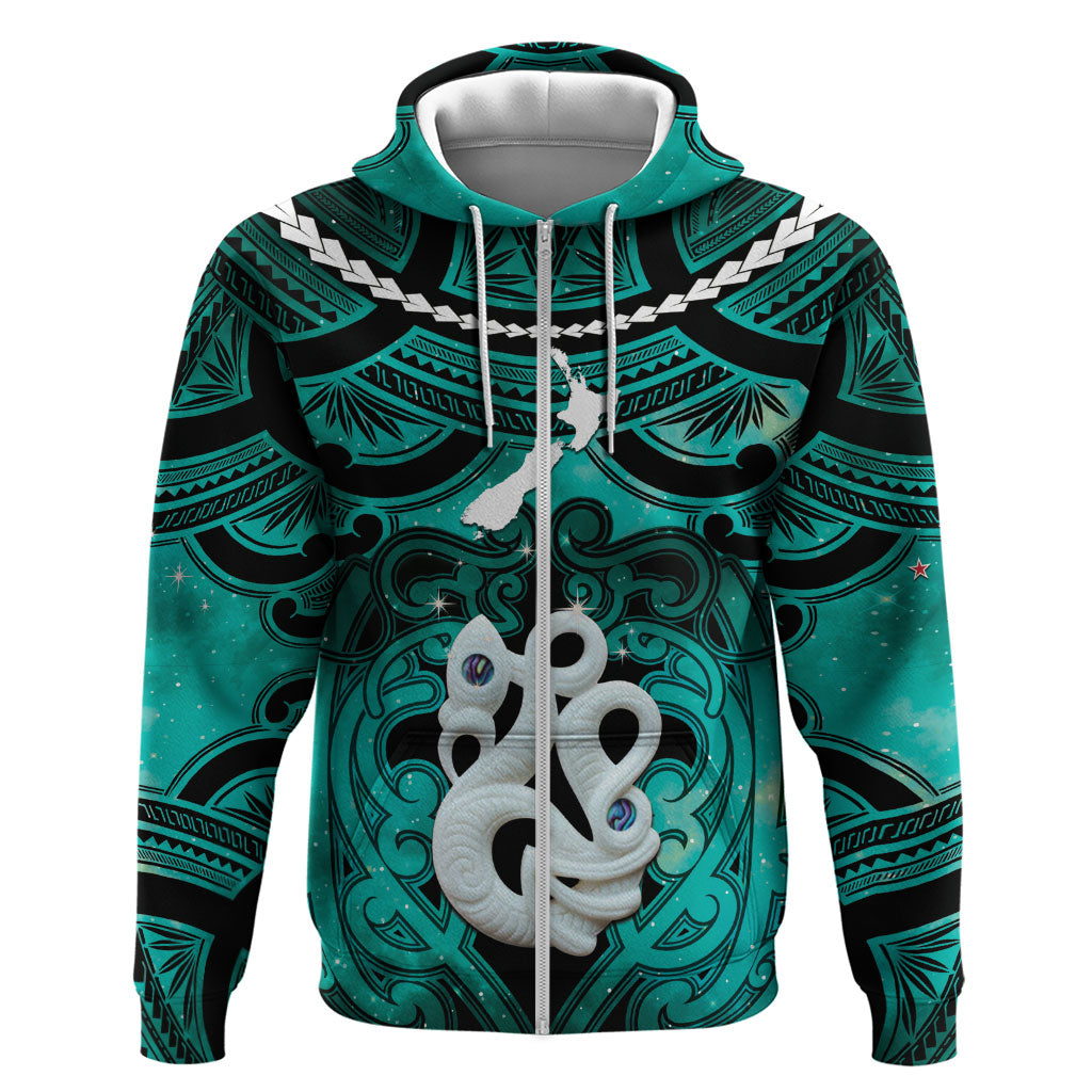 Personalised Maori Matariki Manaia Turquoise Hoodie Maori Kowhaiwhai Pattern Galaxy LT01 Zip Hoodie Turquoise - Polynesian Pride