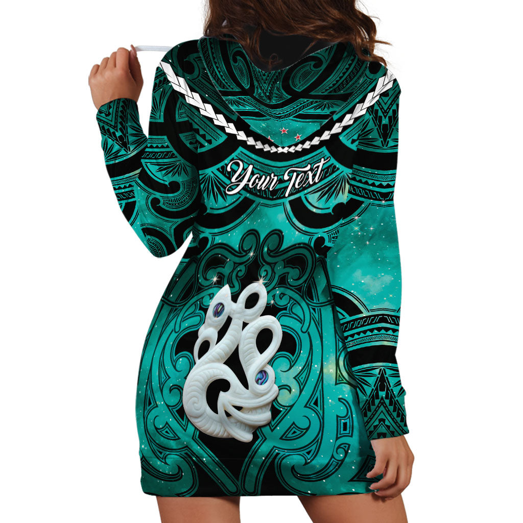 Personalised Maori Matariki Manaia Turquoise Hoodie Dress Maori Kowhaiwhai Pattern Galaxy LT01 - Polynesian Pride