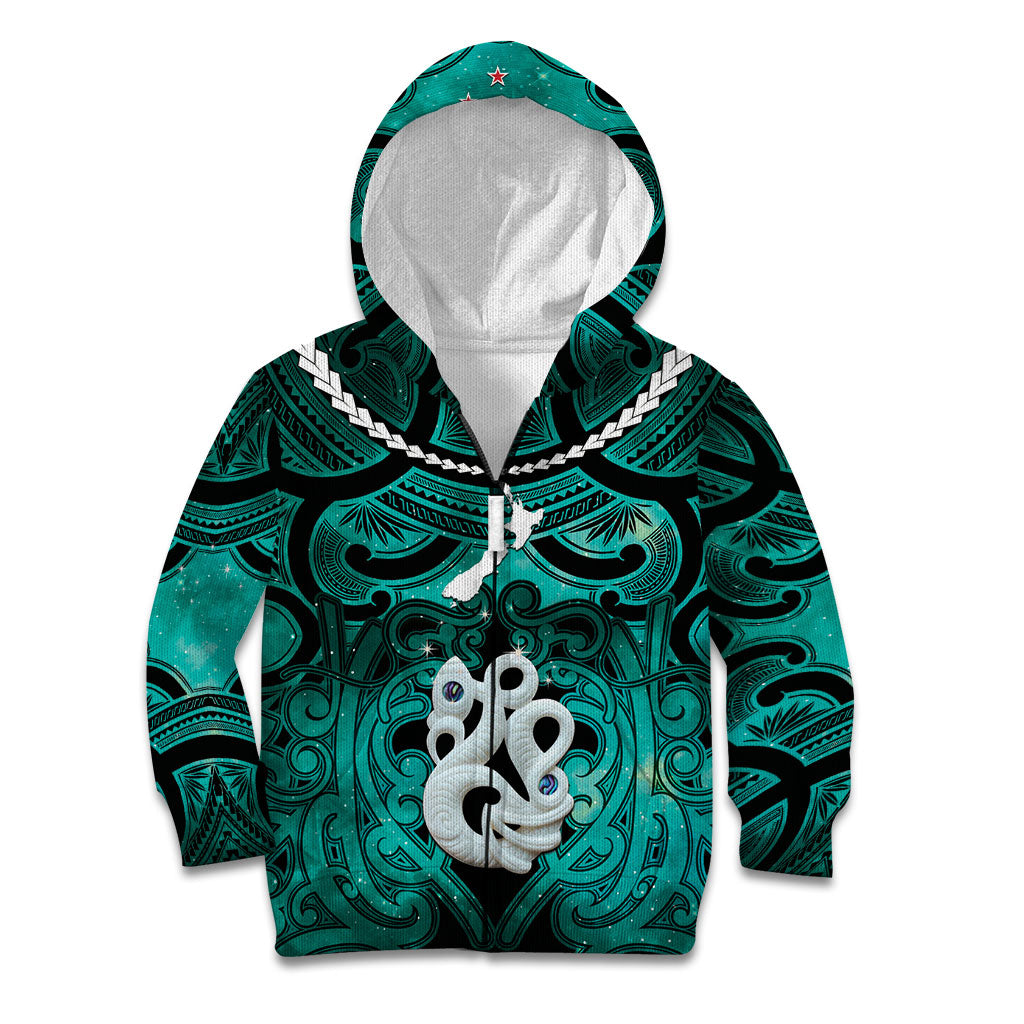 Personalised Maori Matariki Manaia Turquoise Kid Hoodie Maori Kowhaiwhai Pattern Galaxy LT01 Zip Hoodie Turquoise - Polynesian Pride