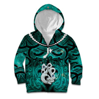 Personalised Maori Matariki Manaia Turquoise Kid Hoodie Maori Kowhaiwhai Pattern Galaxy LT01 Zip Hoodie Turquoise - Polynesian Pride