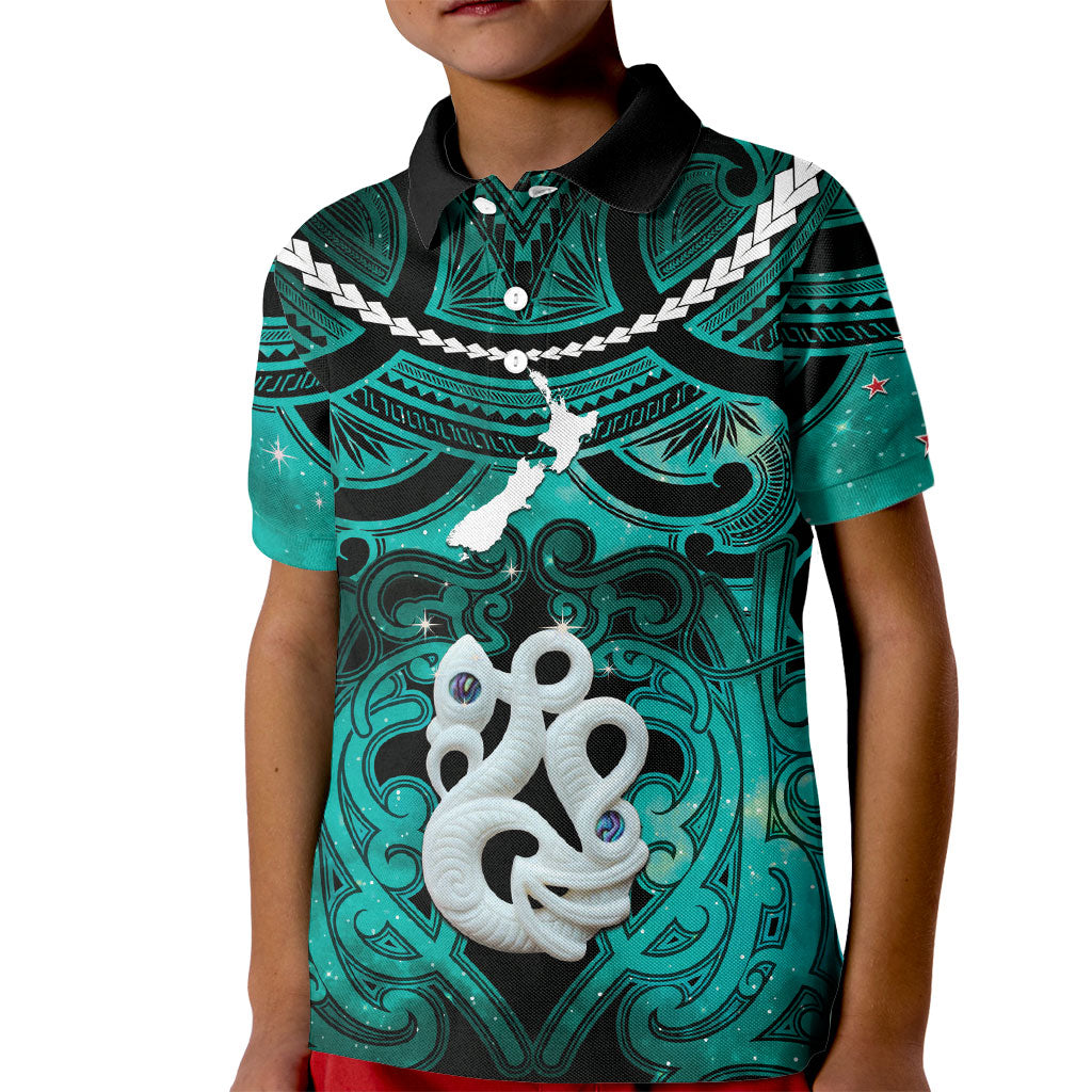 Personalised Maori Matariki Manaia Turquoise Kid Polo Shirt Maori Kowhaiwhai Pattern Galaxy LT01 Kid Turquoise - Polynesian Pride