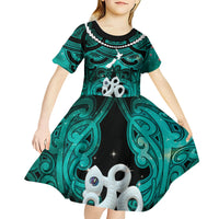 Personalised Maori Matariki Manaia Turquoise Kid Short Sleeve Dress Maori Kowhaiwhai Pattern Galaxy LT01 - Polynesian Pride