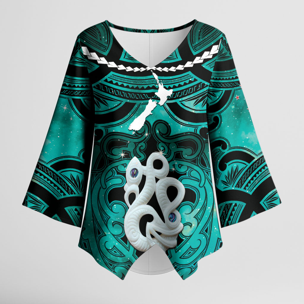 Personalised Maori Matariki Manaia Turquoise Kimono Sleeve Blouse Maori Kowhaiwhai Pattern Galaxy LT01 Female Turquoise - Polynesian Pride