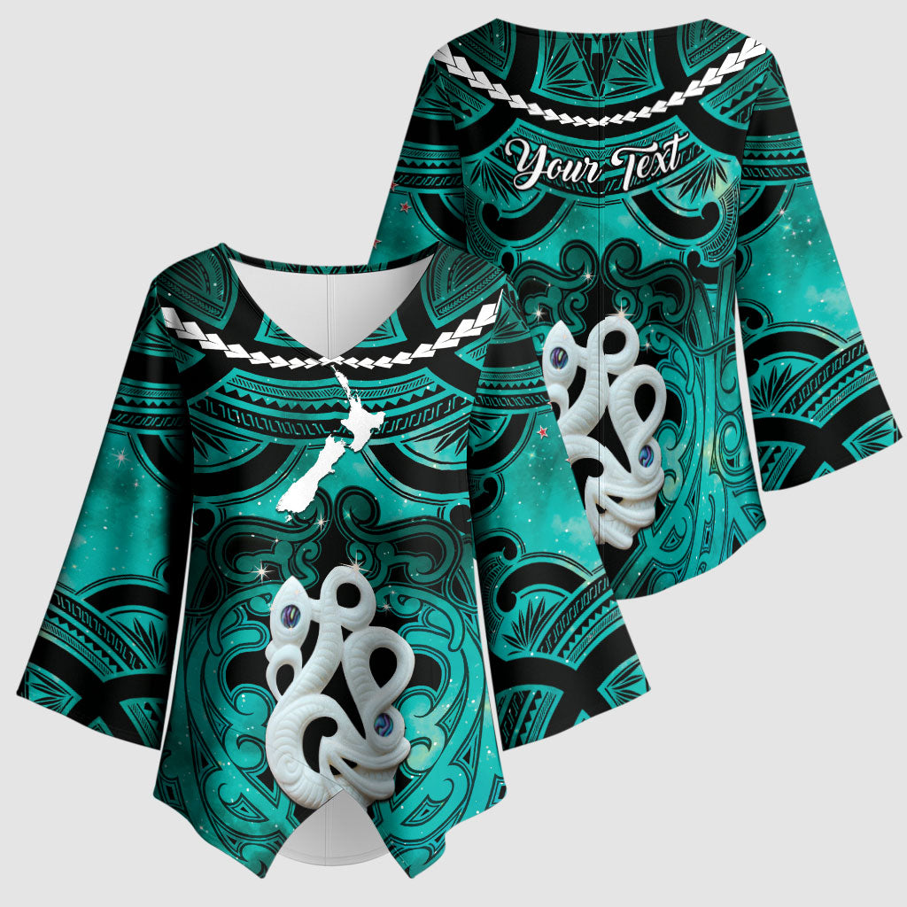 Personalised Maori Matariki Manaia Turquoise Kimono Sleeve Blouse Maori Kowhaiwhai Pattern Galaxy LT01 - Polynesian Pride