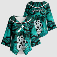 Personalised Maori Matariki Manaia Turquoise Kimono Sleeve Blouse Maori Kowhaiwhai Pattern Galaxy LT01 - Polynesian Pride