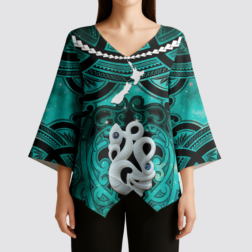 Personalised Maori Matariki Manaia Turquoise Kimono Sleeve Blouse Maori Kowhaiwhai Pattern Galaxy LT01 - Polynesian Pride
