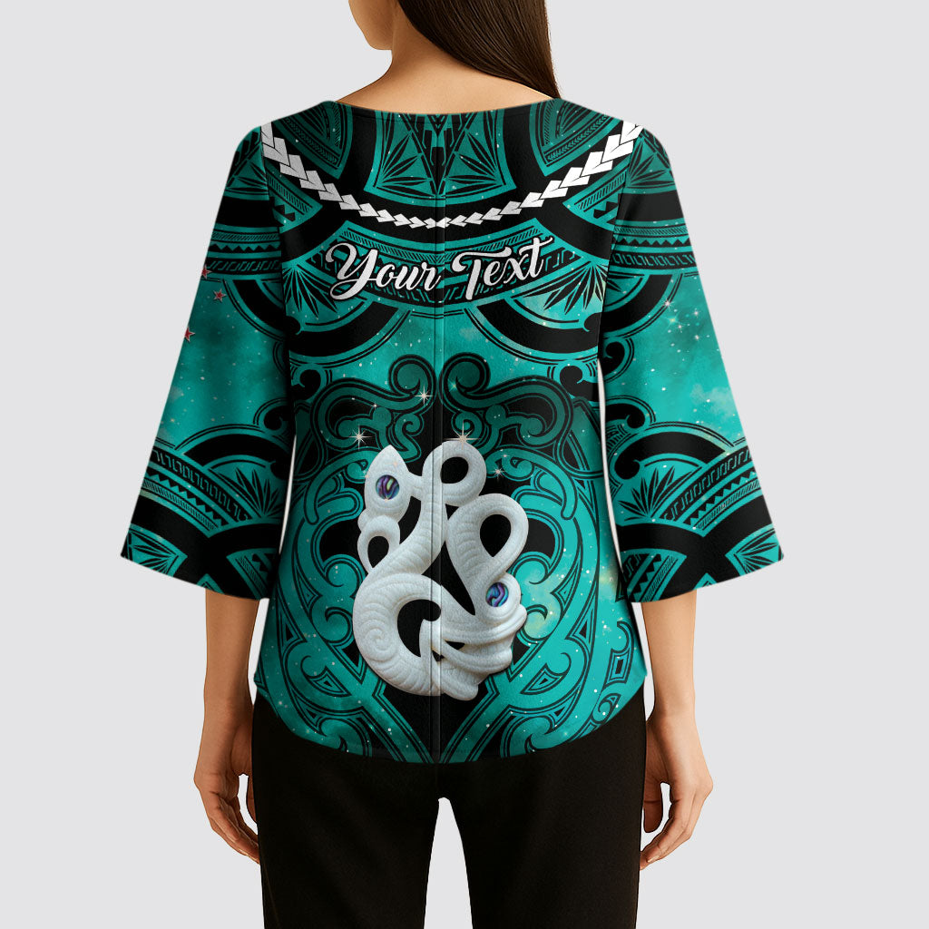 Personalised Maori Matariki Manaia Turquoise Kimono Sleeve Blouse Maori Kowhaiwhai Pattern Galaxy LT01 - Polynesian Pride