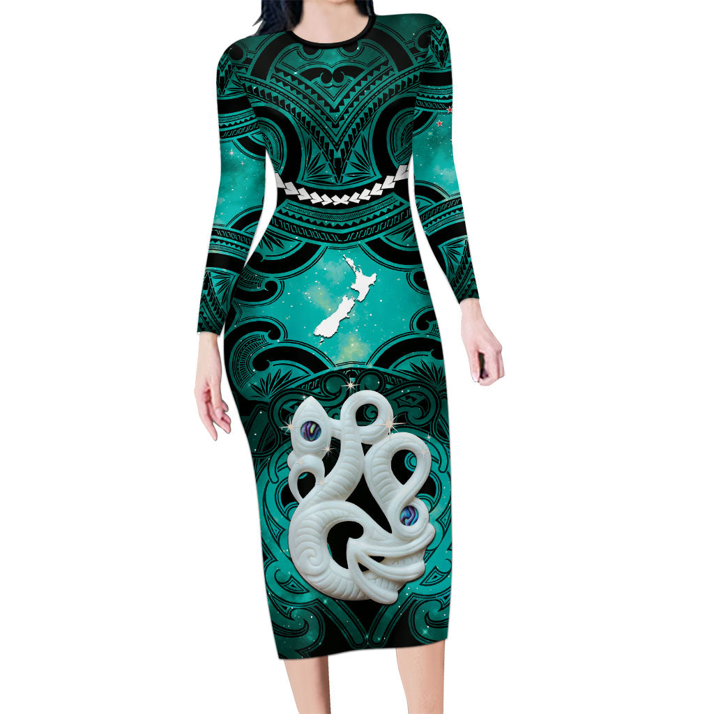 Personalised Maori Matariki Manaia Turquoise Long Sleeve Bodycon Dress Maori Kowhaiwhai Pattern Galaxy LT01 Long Dress Turquoise - Polynesian Pride