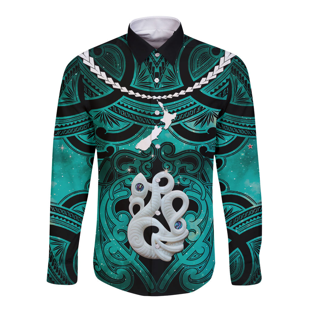 Personalised Maori Matariki Manaia Turquoise Long Sleeve Button Shirt Maori Kowhaiwhai Pattern Galaxy LT01 Unisex Turquoise - Polynesian Pride