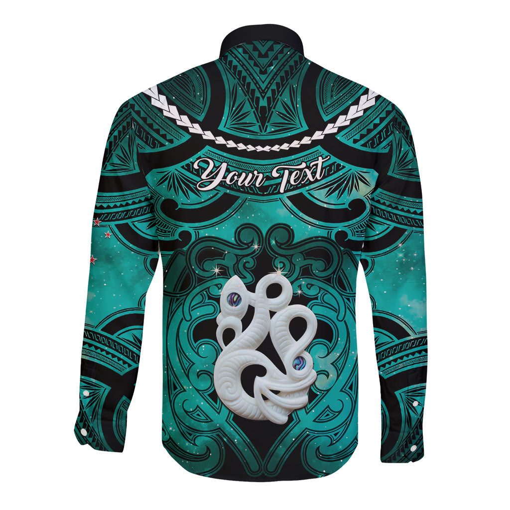 Personalised Maori Matariki Manaia Turquoise Long Sleeve Button Shirt Maori Kowhaiwhai Pattern Galaxy LT01 - Polynesian Pride