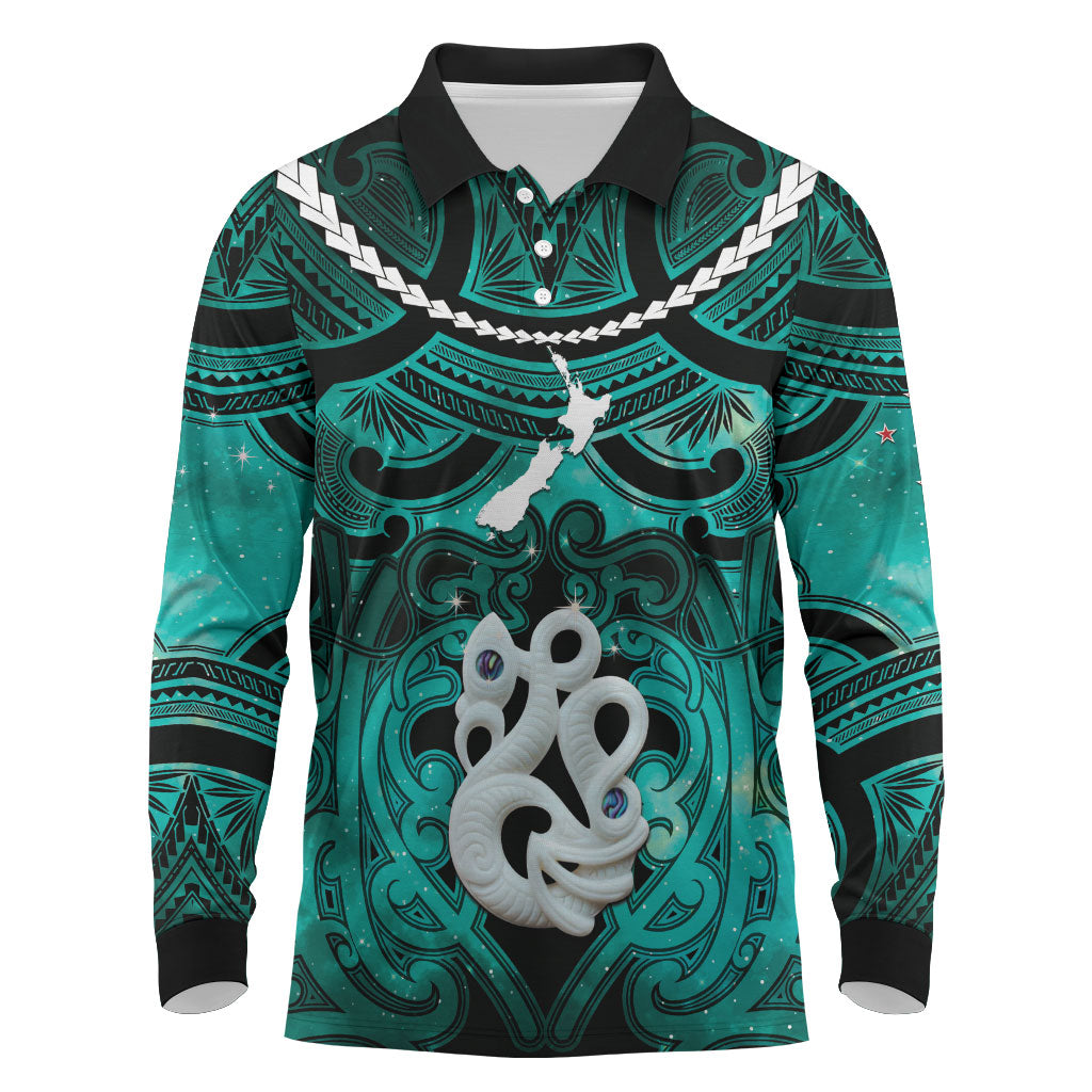 Personalised Maori Matariki Manaia Turquoise Long Sleeve Polo Shirt Maori Kowhaiwhai Pattern Galaxy LT01 Turquoise - Polynesian Pride