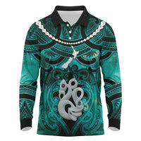 Personalised Maori Matariki Manaia Turquoise Long Sleeve Polo Shirt Maori Kowhaiwhai Pattern Galaxy LT01 Turquoise - Polynesian Pride