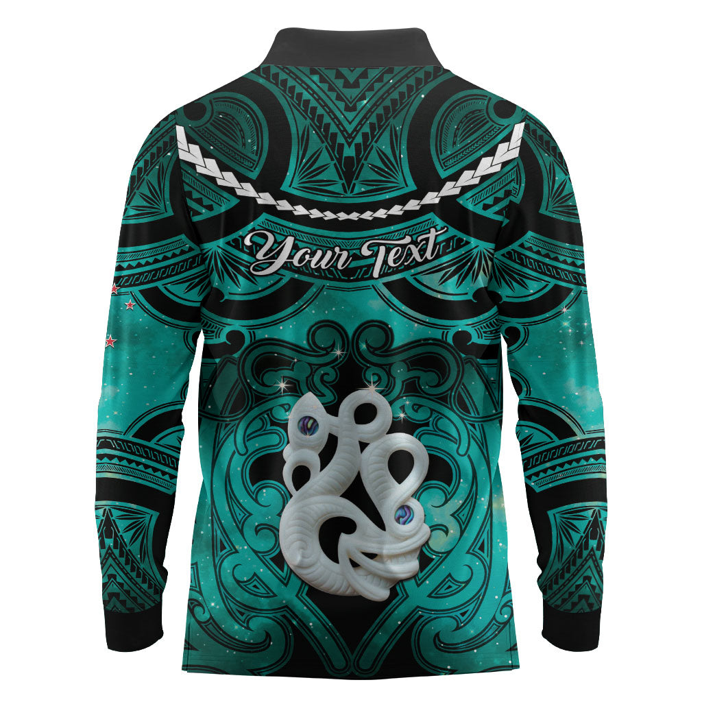 Personalised Maori Matariki Manaia Turquoise Long Sleeve Polo Shirt Maori Kowhaiwhai Pattern Galaxy LT01 - Polynesian Pride