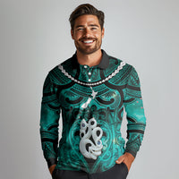 Personalised Maori Matariki Manaia Turquoise Long Sleeve Polo Shirt Maori Kowhaiwhai Pattern Galaxy LT01 - Polynesian Pride