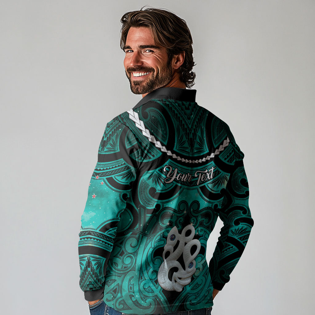 Personalised Maori Matariki Manaia Turquoise Long Sleeve Polo Shirt Maori Kowhaiwhai Pattern Galaxy LT01 - Polynesian Pride