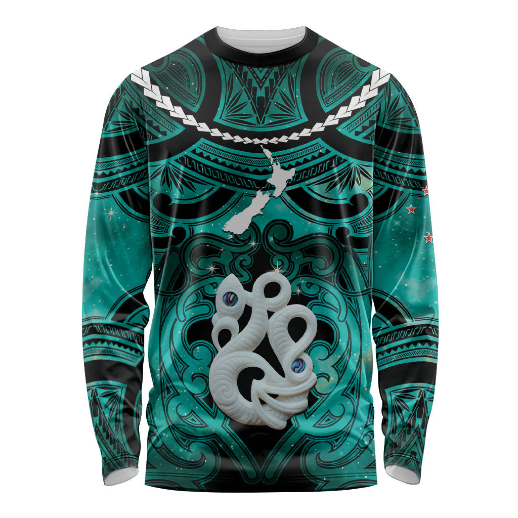Personalised Maori Matariki Manaia Turquoise Long Sleeve Shirt Maori Kowhaiwhai Pattern Galaxy LT01 Unisex Turquoise - Polynesian Pride
