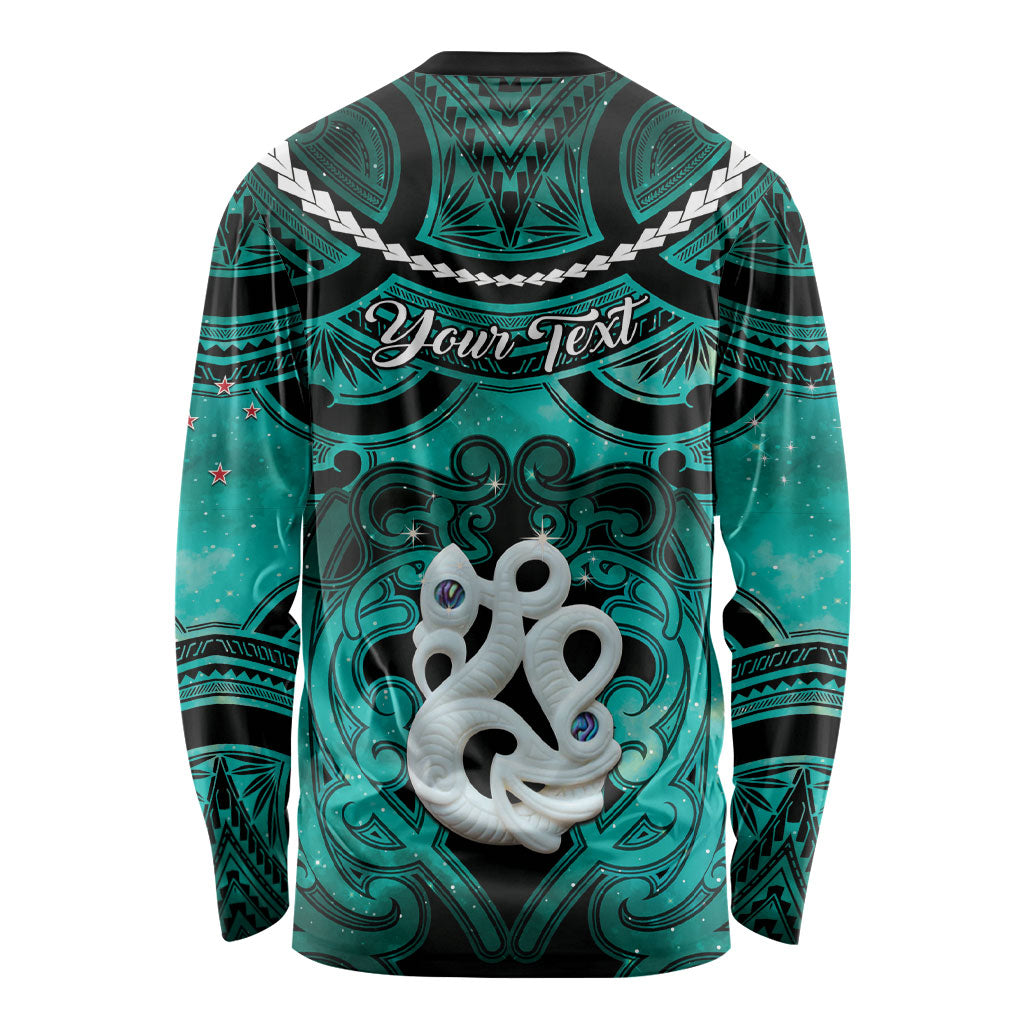 Personalised Maori Matariki Manaia Turquoise Long Sleeve Shirt Maori Kowhaiwhai Pattern Galaxy LT01 - Polynesian Pride