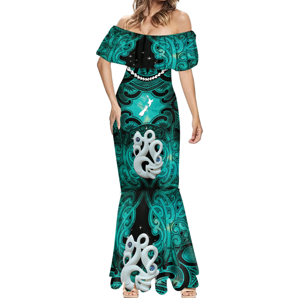 Personalised Maori Matariki Manaia Turquoise Mermaid Dress Maori Kowhaiwhai Pattern Galaxy LT01 - Polynesian Pride