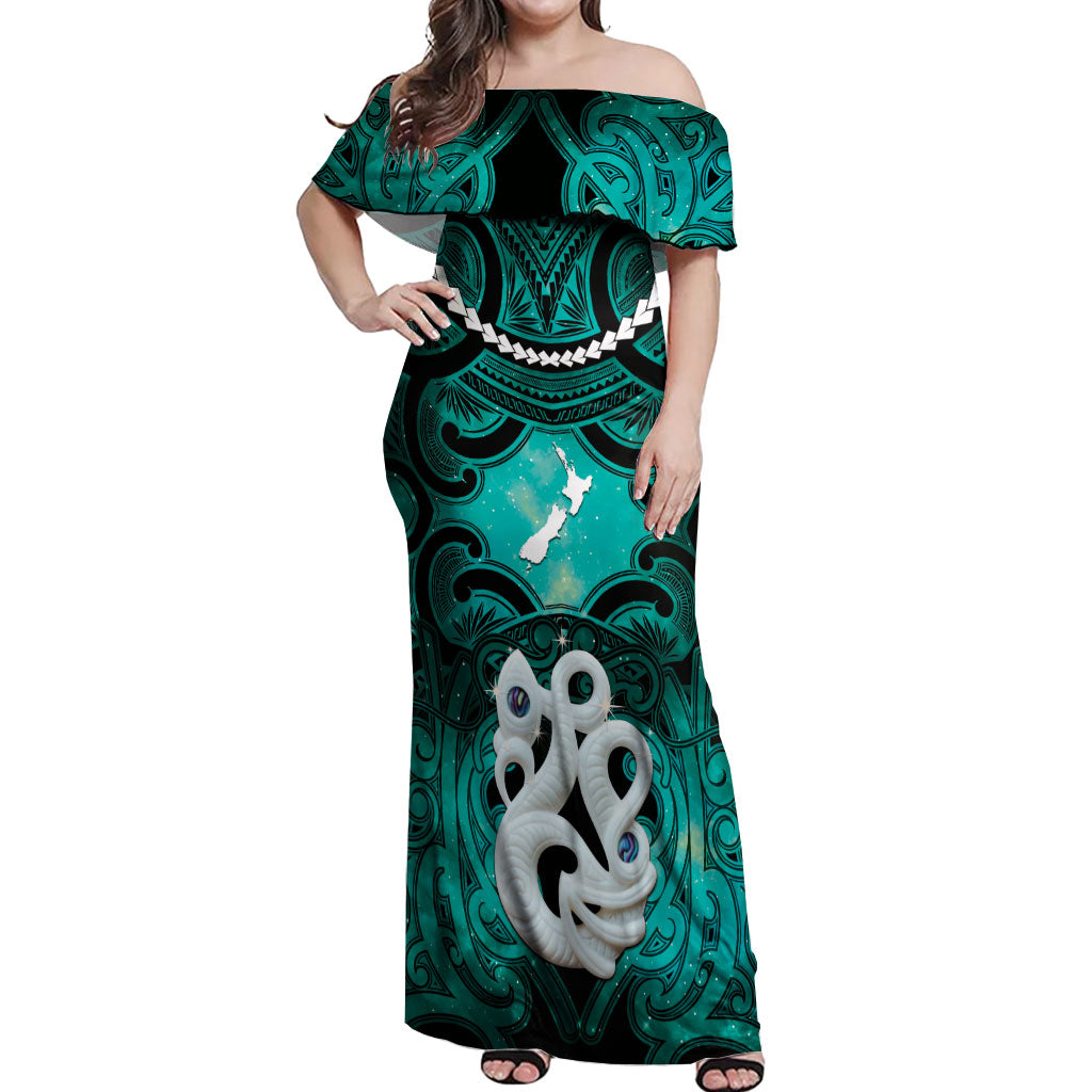 Personalised Maori Matariki Manaia Turquoise Off Shoulder Maxi Dress Maori Kowhaiwhai Pattern Galaxy LT01 Women Turquoise - Polynesian Pride