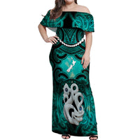 Personalised Maori Matariki Manaia Turquoise Off Shoulder Maxi Dress Maori Kowhaiwhai Pattern Galaxy LT01 Women Turquoise - Polynesian Pride