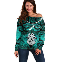 Personalised Maori Matariki Manaia Turquoise Off Shoulder Sweater Maori Kowhaiwhai Pattern Galaxy LT01 Women Turquoise - Polynesian Pride