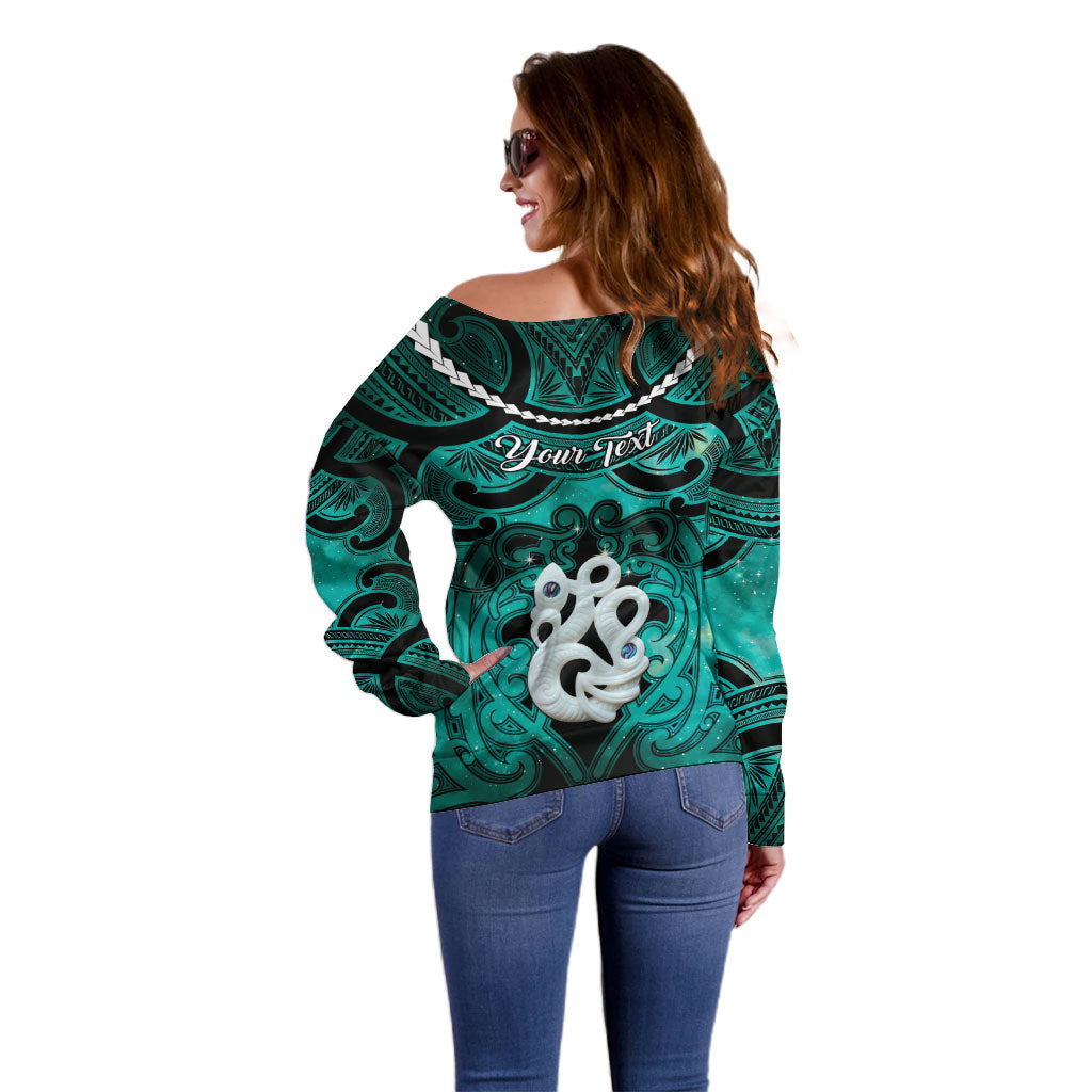 Personalised Maori Matariki Manaia Turquoise Off Shoulder Sweater Maori Kowhaiwhai Pattern Galaxy LT01 - Polynesian Pride