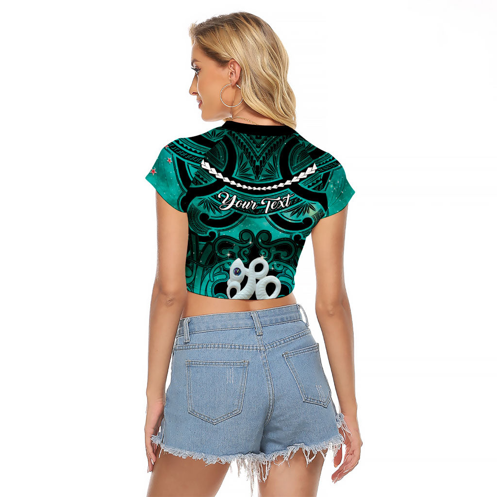 Personalised Maori Matariki Manaia Turquoise Raglan Cropped T Shirt Maori Kowhaiwhai Pattern Galaxy LT01 - Polynesian Pride