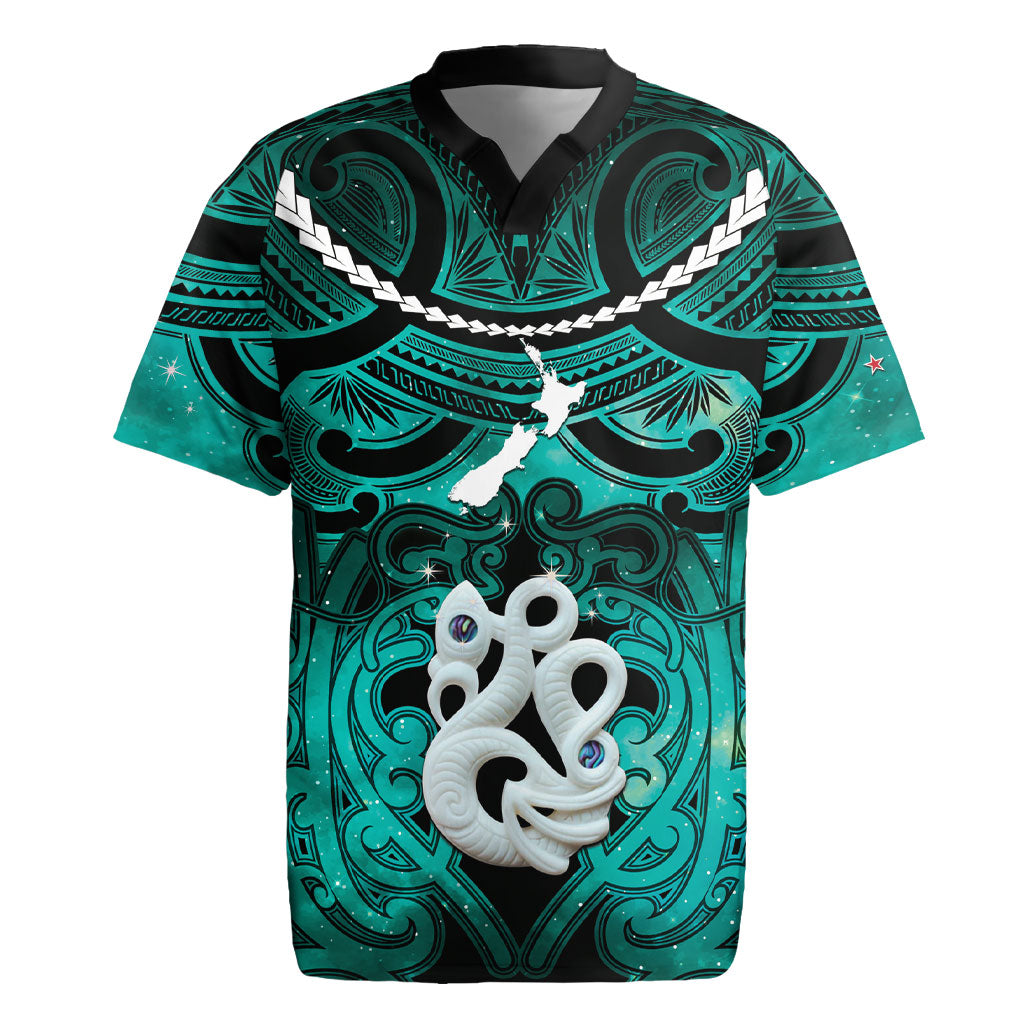 Personalised Maori Matariki Manaia Turquoise Rugby Jersey Maori Kowhaiwhai Pattern Galaxy LT01 Turquoise - Polynesian Pride