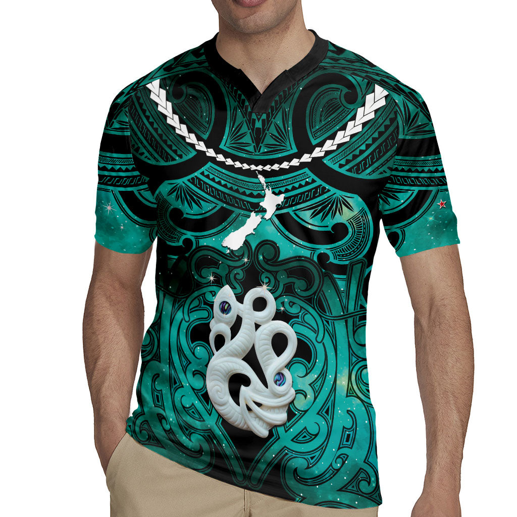 Personalised Maori Matariki Manaia Turquoise Rugby Jersey Maori Kowhaiwhai Pattern Galaxy LT01 - Polynesian Pride