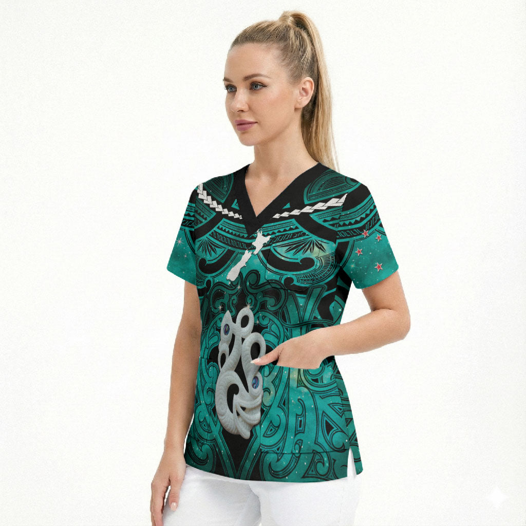 Personalised Maori Matariki Manaia Turquoise Scrub Top Maori Kowhaiwhai Pattern Galaxy LT01 - Polynesian Pride