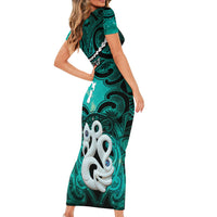 Personalised Maori Matariki Manaia Turquoise Short Sleeve Bodycon Dress Maori Kowhaiwhai Pattern Galaxy LT01 - Polynesian Pride