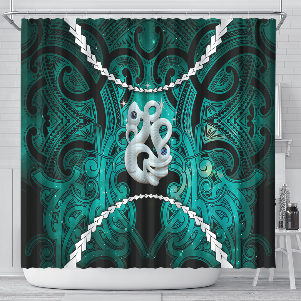 Maori Matariki Manaia Turquoise Shower Curtain Maori Kowhaiwhai Pattern Galaxy