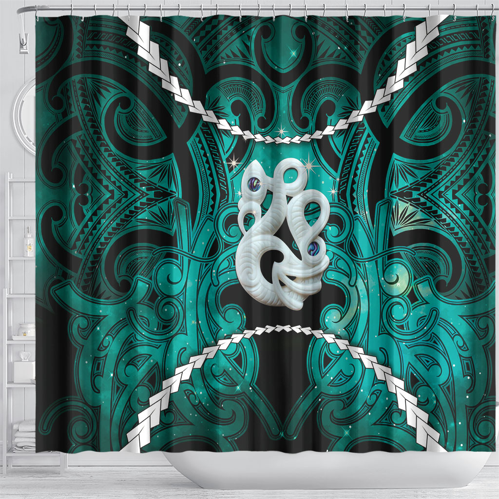 Maori Matariki Manaia Turquoise Shower Curtain Maori Kowhaiwhai Pattern Galaxy
