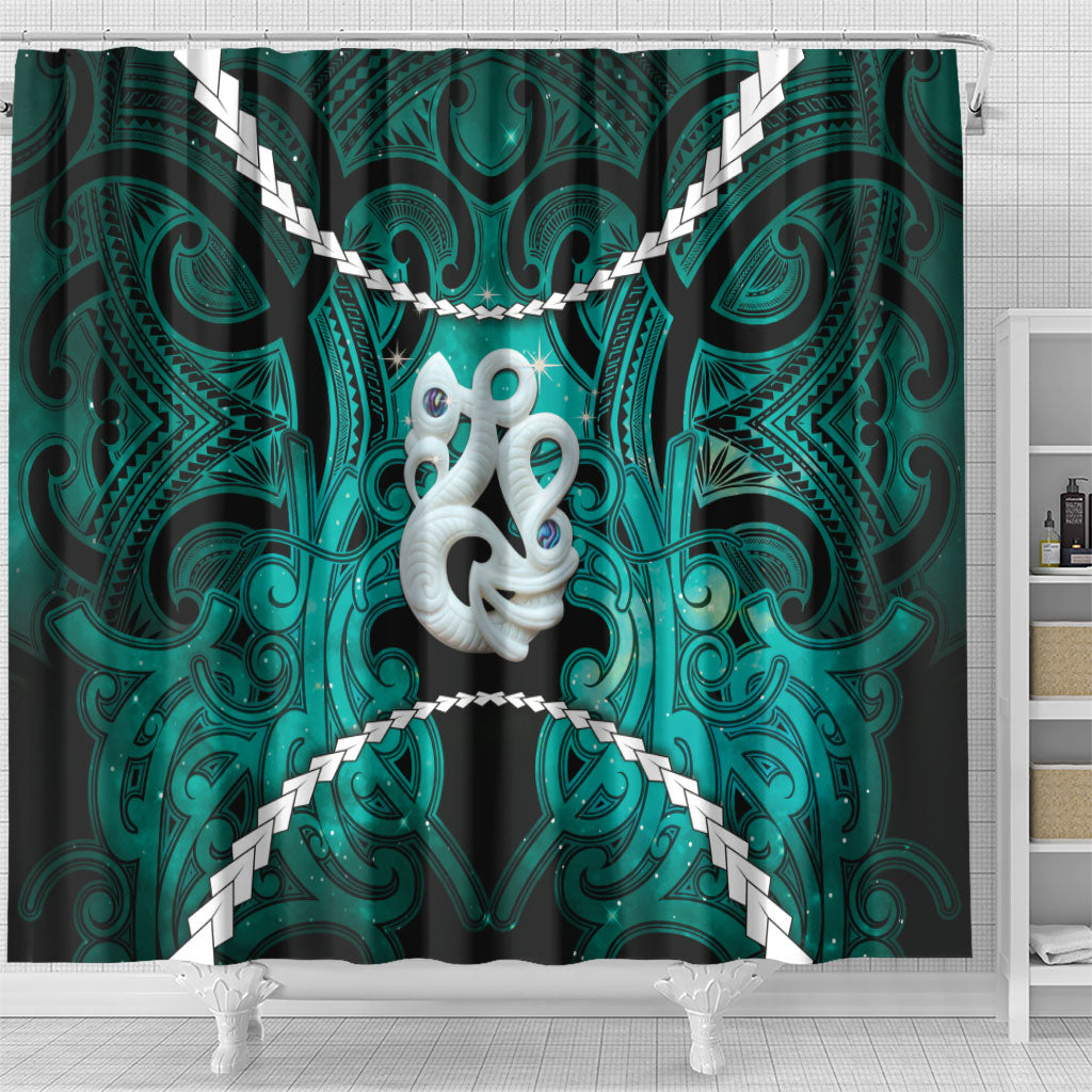 Maori Matariki Manaia Turquoise Shower Curtain Maori Kowhaiwhai Pattern Galaxy