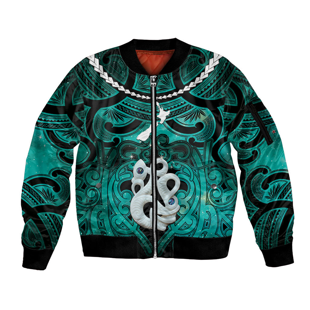 Personalised Maori Matariki Manaia Turquoise Sleeve Zip Bomber Jacket Maori Kowhaiwhai Pattern Galaxy LT01 Unisex Turquoise - Polynesian Pride