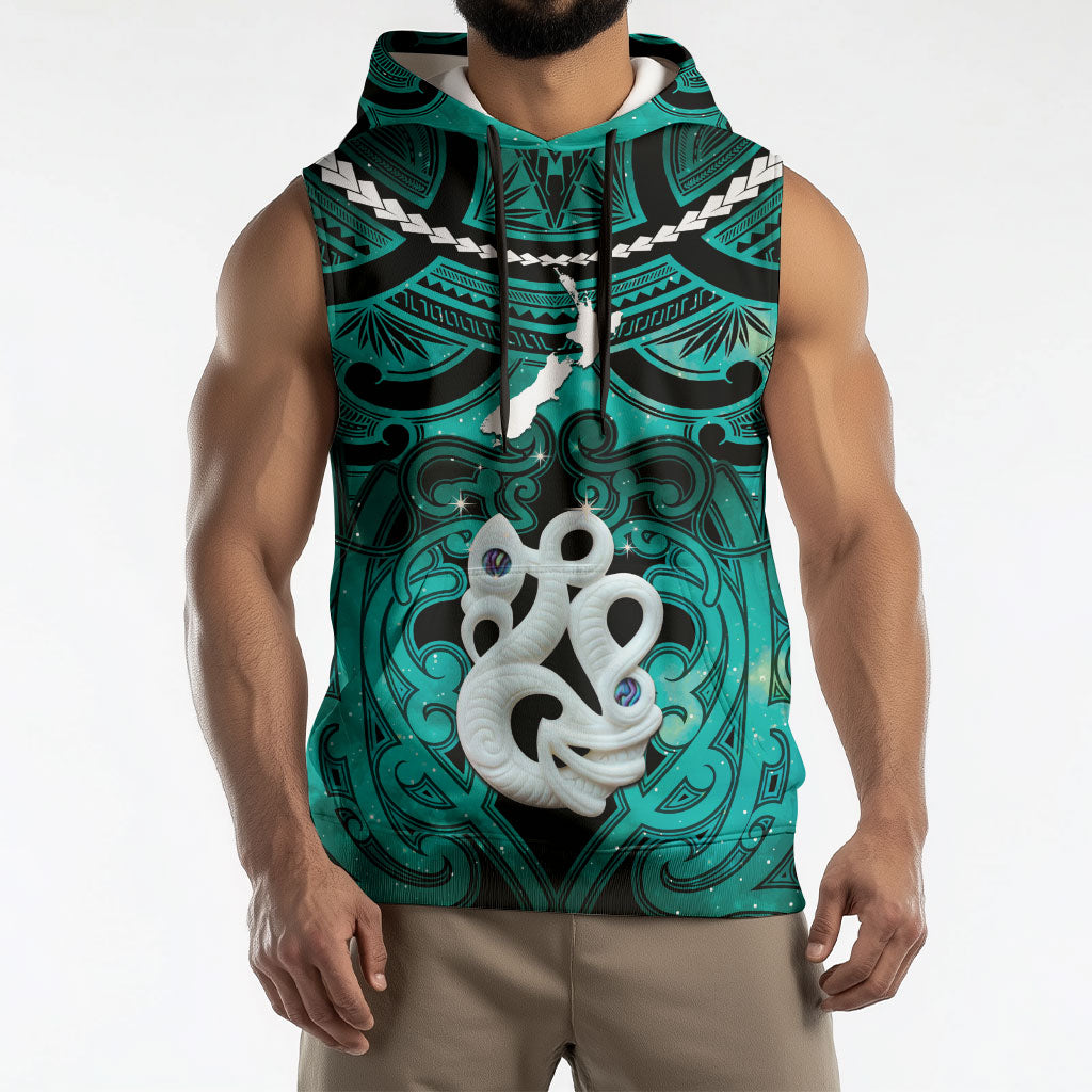 Personalised Maori Matariki Manaia Turquoise Sleeveless Hoodie Maori Kowhaiwhai Pattern Galaxy LT01 - Polynesian Pride