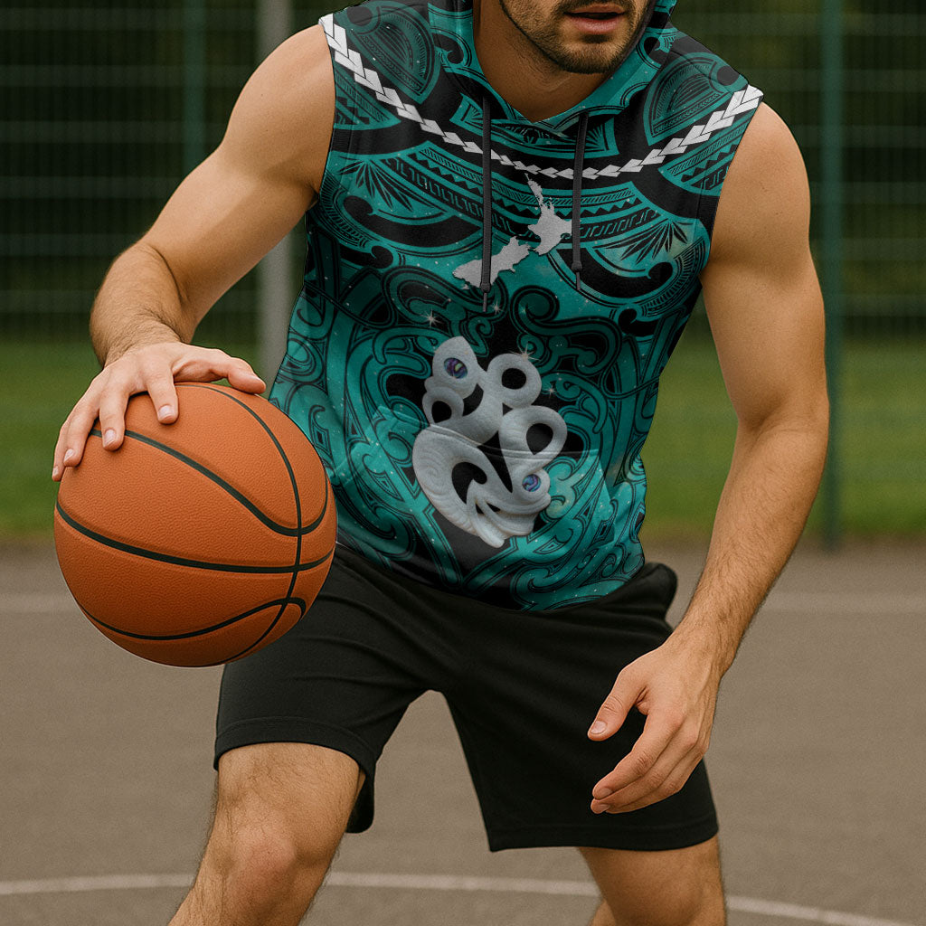 Personalised Maori Matariki Manaia Turquoise Sleeveless Hoodie Maori Kowhaiwhai Pattern Galaxy LT01 - Polynesian Pride