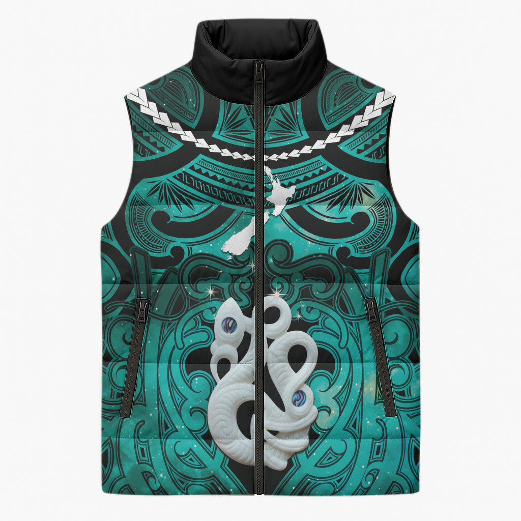 Personalised Maori Matariki Manaia Turquoise Sleeveless Puffer Jacket Maori Kowhaiwhai Pattern Galaxy LT01 Unisex Turquoise - Polynesian Pride