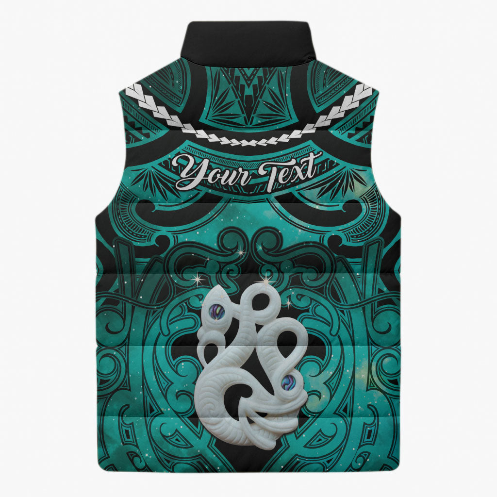 Personalised Maori Matariki Manaia Turquoise Sleeveless Puffer Jacket Maori Kowhaiwhai Pattern Galaxy LT01 - Polynesian Pride