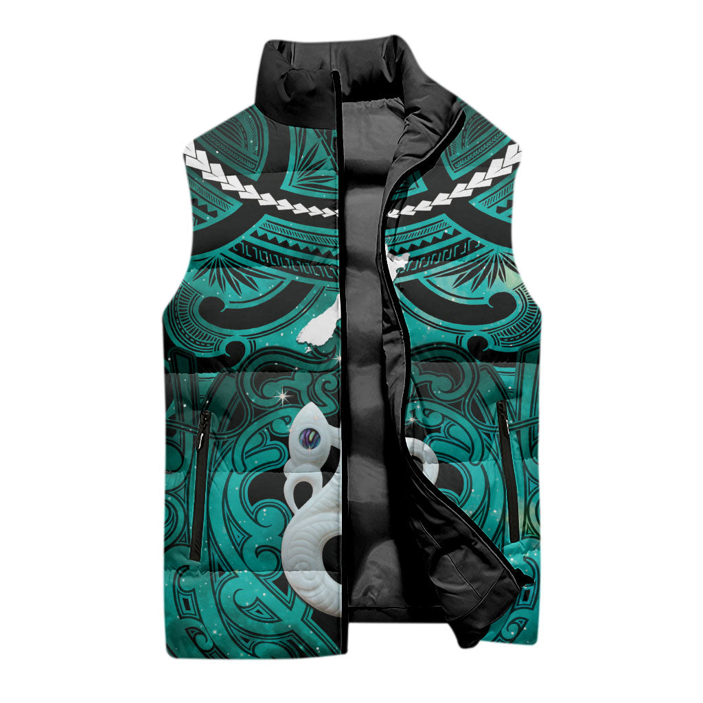 Personalised Maori Matariki Manaia Turquoise Sleeveless Puffer Jacket Maori Kowhaiwhai Pattern Galaxy LT01 - Polynesian Pride