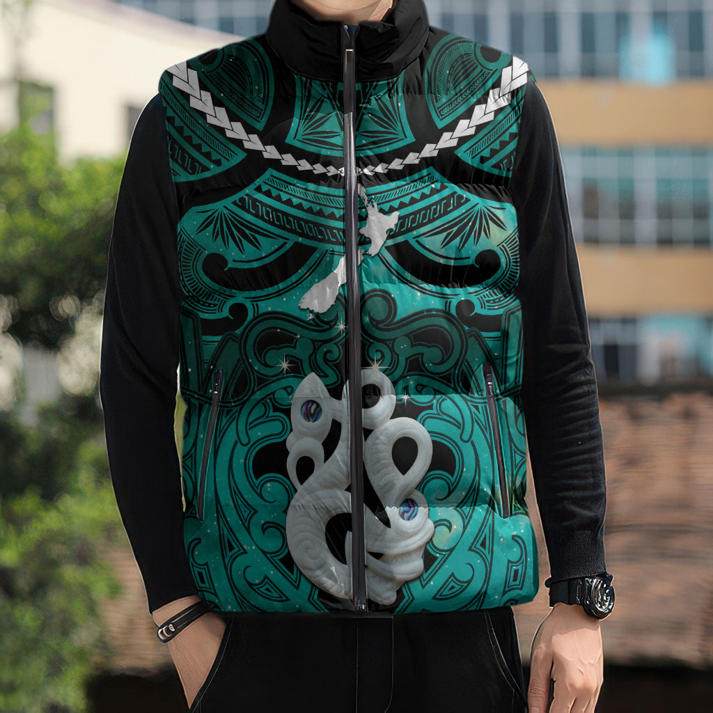 Personalised Maori Matariki Manaia Turquoise Sleeveless Puffer Jacket Maori Kowhaiwhai Pattern Galaxy LT01 - Polynesian Pride
