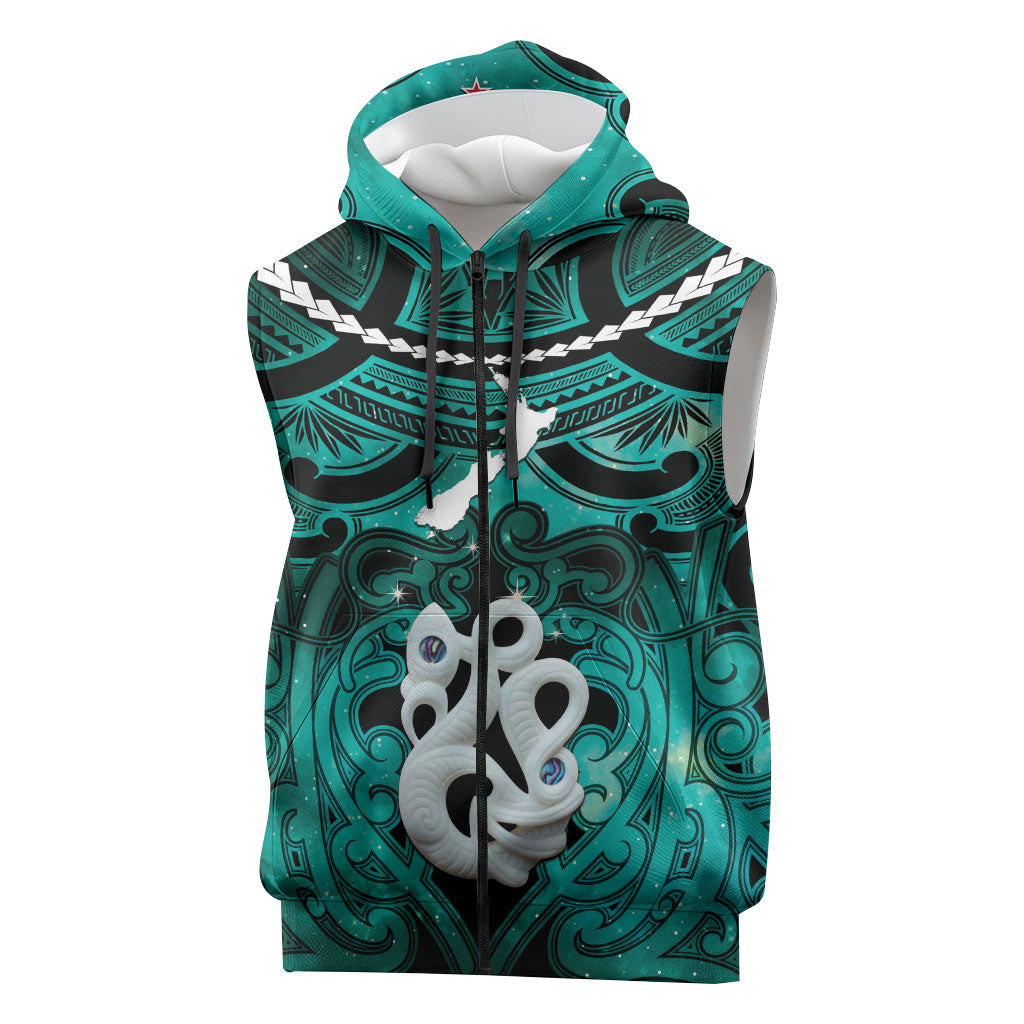 Personalised Maori Matariki Manaia Turquoise Sleeveless Zip Hoodie Maori Kowhaiwhai Pattern Galaxy LT01 Turquoise - Polynesian Pride