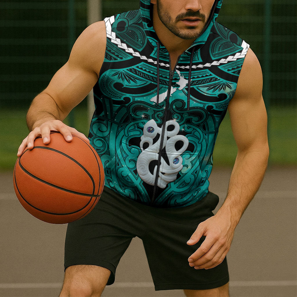 Personalised Maori Matariki Manaia Turquoise Sleeveless Zip Hoodie Maori Kowhaiwhai Pattern Galaxy LT01 - Polynesian Pride