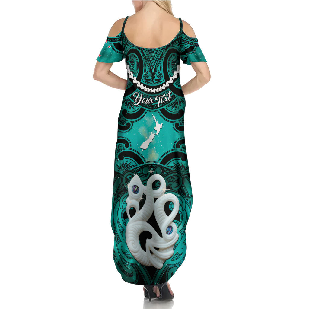 Personalised Maori Matariki Manaia Turquoise Summer Maxi Dress Maori Kowhaiwhai Pattern Galaxy LT01 - Polynesian Pride