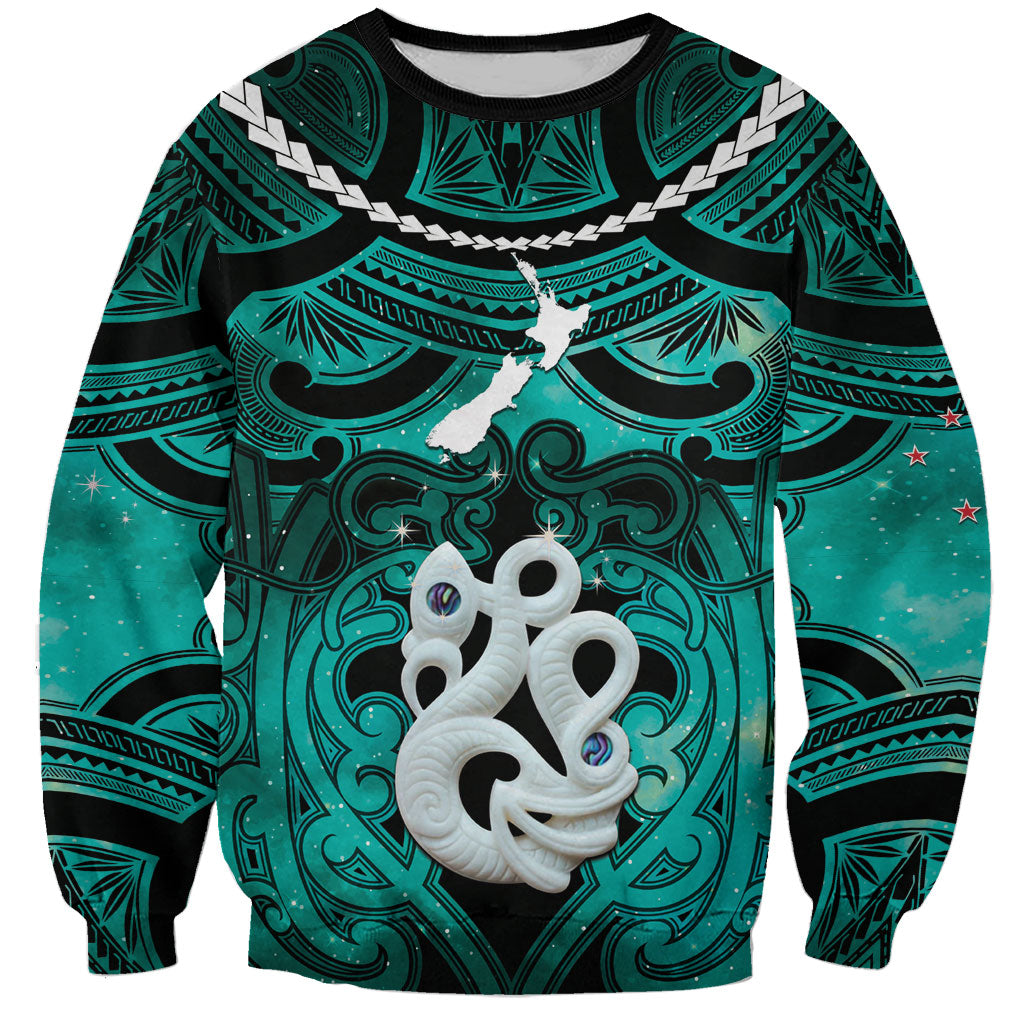 Personalised Maori Matariki Manaia Turquoise Sweatshirt Maori Kowhaiwhai Pattern Galaxy LT01 Unisex Turquoise - Polynesian Pride