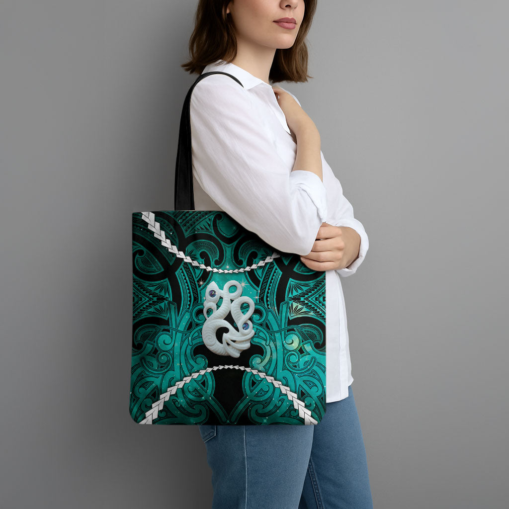 Maori Matariki Manaia Turquoise Tote Bag Maori Kowhaiwhai Pattern Galaxy LT01 - Polynesian Pride