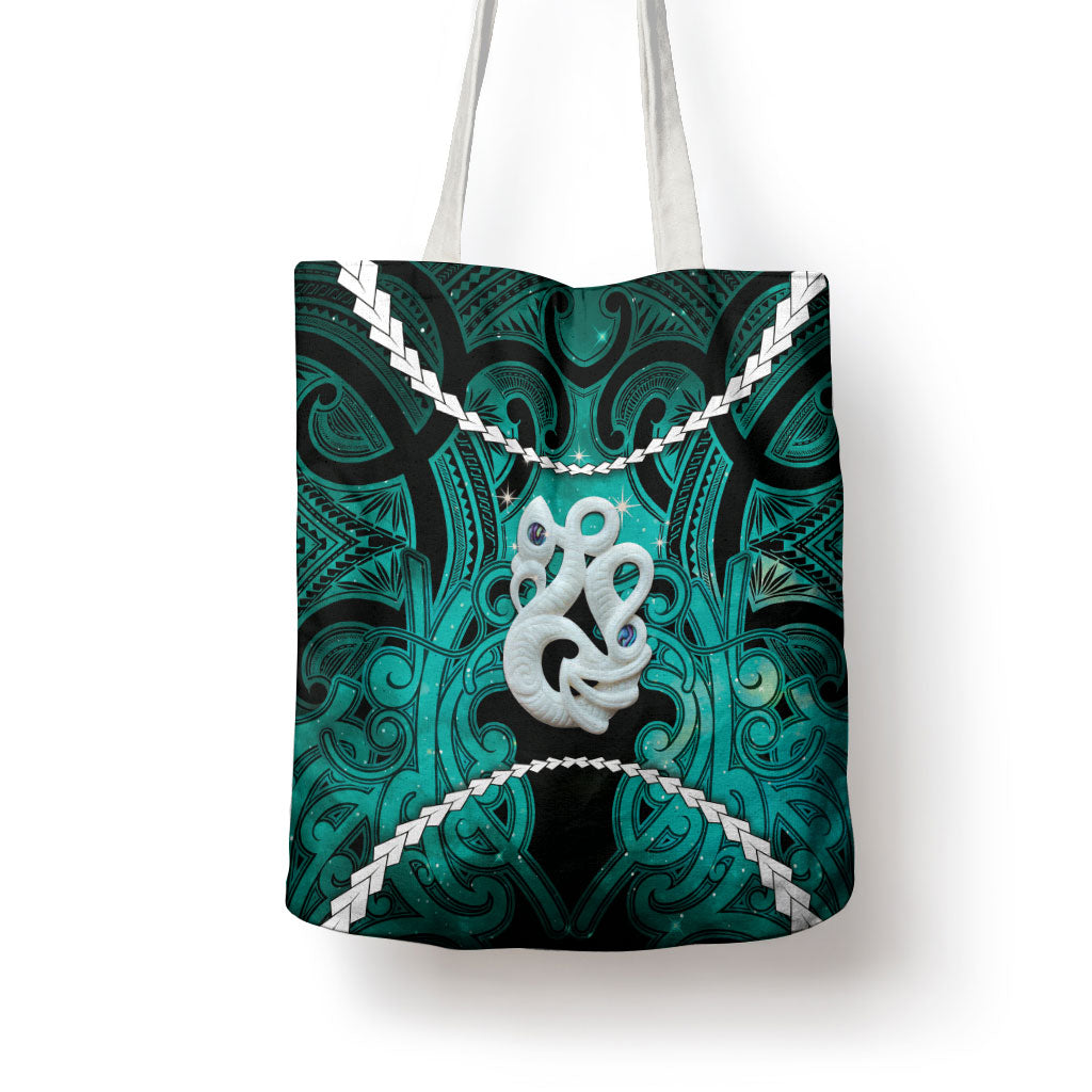Maori Matariki Manaia Turquoise Tote Bag Maori Kowhaiwhai Pattern Galaxy LT01 - Polynesian Pride