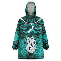 Personalised Maori Matariki Manaia Turquoise Wearable Blanket Hoodie Maori Kowhaiwhai Pattern Galaxy LT01 One Size Turquoise - Polynesian Pride