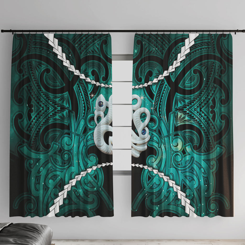 Maori Matariki Manaia Turquoise Window Curtain Maori Kowhaiwhai Pattern Galaxy LT01 With Hooks Turquoise - Polynesian Pride